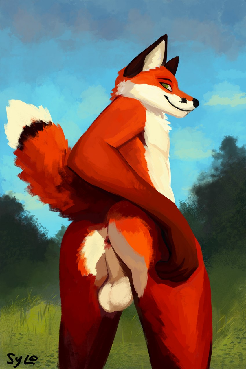 anthro anus balls biped butt fur genitals looking_at_viewer looking_back male nude orange_body orange_fur outside presenting presenting_anus presenting_hindquarters raised_tail rear_view smile solo tail white_body white_fur sylo canid canine fox mammal red_fox true_fox 2023 2:3 absurd_res digital_media_(artwork) digital_painting_(artwork) hi_res painting_(artwork)