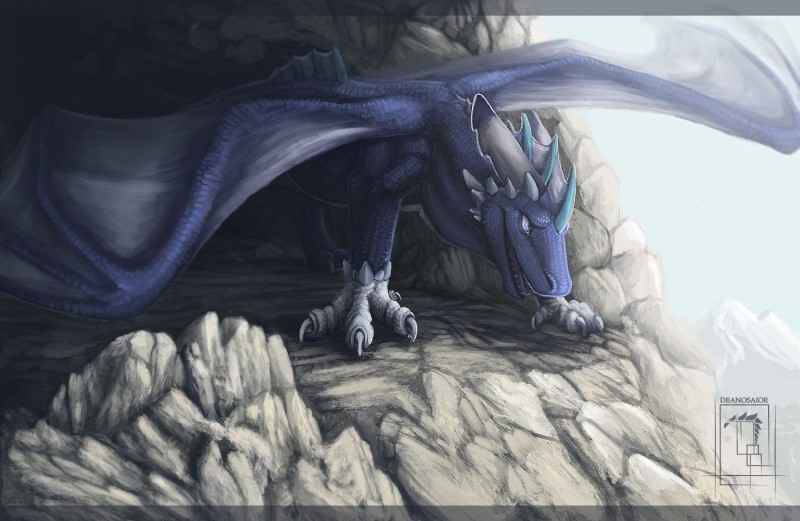 ambiguous_gender blue_body blue_eyes blue_scales claws day detailed_background feral horn membrane_(anatomy) membranous_wings open_mouth rock scales smile solo spines teeth tongue wings deanosaior european_mythology mythology videri dragon mythological_creature mythological_scalie scalie western_dragon hi_res