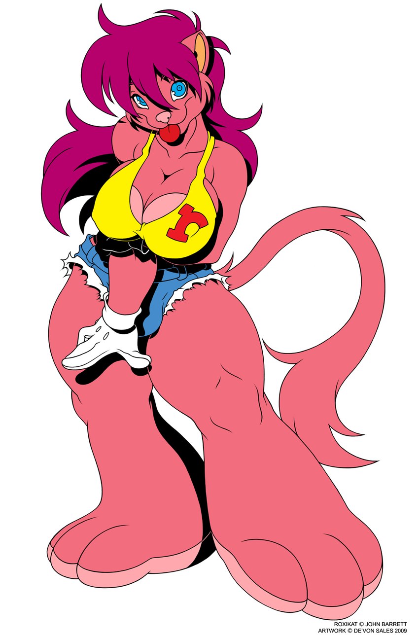 anthro big_breasts blue_eyes bottomwear breasts bulge clothing fur gynomorph hair hotpants intersex pink_body pink_fur shorts solo tail thick_thighs tongue tongue_out topwear deonwolf roxikat domestic_cat felid feline felis mammal 2009 digital_media_(artwork) flat_colors hi_res