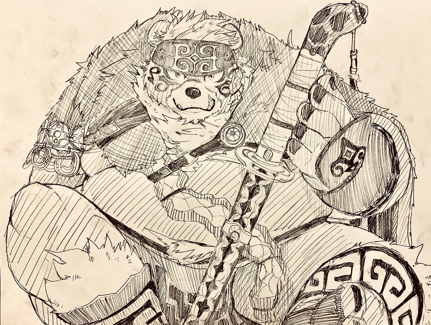 anthro kemono male overweight overweight_anthro overweight_male simple_background sitting solo weapon kogiinu lifewonders tokyo_afterschool_summoners kimun_kamui_(tas) bear mammal 2020 hi_res