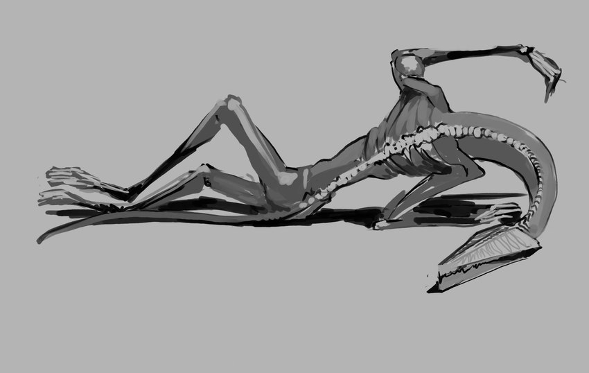 ambiguous_gender anthro eyeless flexible lying on_side shadow simple_background solo meandraco monster hi_res monochrome