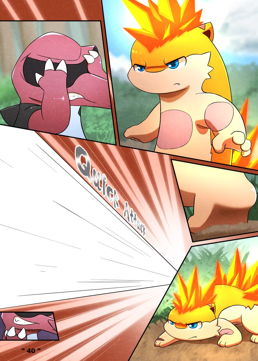 fire forest male plant speech_bubble text tree darrow0 nintendo pokemon mo_(darrow) yuel generation_2_pokemon generation_5_pokemon krookodile pokemon_(species) quilava comic english_text hi_res