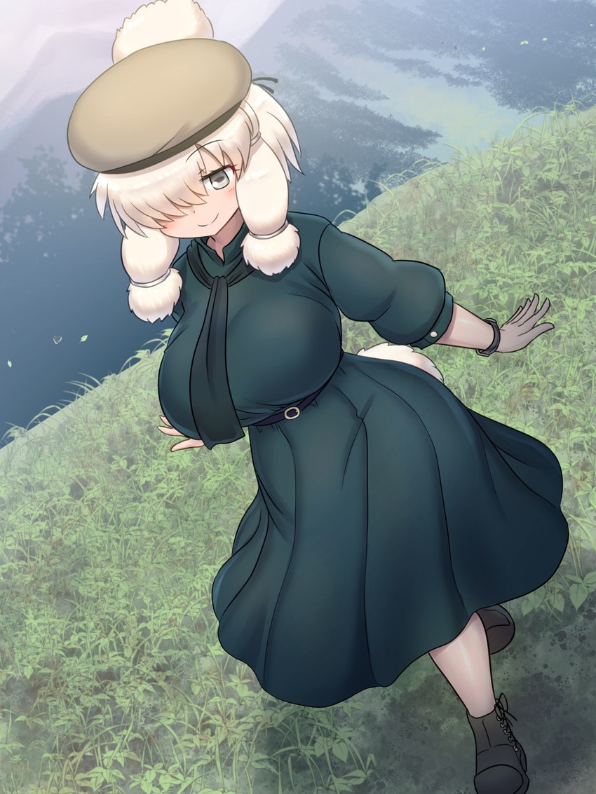 beret big_breasts blush bracelet breasts clothed clothing dress female footwear grass grey_eyes hair hair_over_eye hat headgear headwear horizontal_pupils jewelry mountain one_eye_obstructed plant pupils sidelocks smile solo white_hair mo23 kemono_friends suri_alpaca_(kemono_friends) alpaca_humanoid animal_humanoid camelid camelid_humanoid humanoid mammal mammal_humanoid 3:4 hi_res