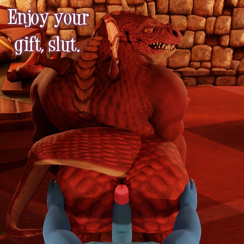 anthro bent_over big_butt blue_body blue_scales book butt carpet duo erection first_person_view food furniture genitals horn hot_dogging inside looking_at_viewer looking_back looking_back_at_viewer male male/male meat muscular muscular_anthro muscular_male penis power_bottom rear_view red_body red_eyes red_scales sausage scales sex size_difference slur small_dom_big_sub small_top_big_bottom smile table tail tail_aside tan_body tan_scales teeth_showing text wall_(structure) wings yellow_eyes albalbalb giana_sisters mythology alby_(albalbalb) gurglewocky_(giana_sisters) dragon mythological_creature mythological_scalie scalie 1:1 2022 3d_(artwork) digital_media_(artwork) english_text hi_res