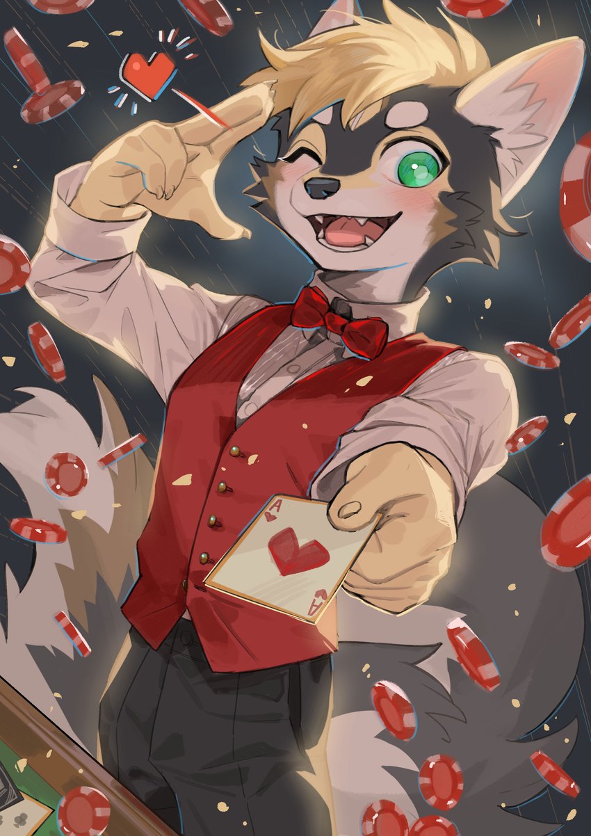 5_fingers ace_of_hearts anthro card claws clothed clothing fingers fur green_eyes kemono looking_at_viewer male one_eye_closed open_mouth open_smile playing_card poker_chip smile smiling_at_viewer solo tail wink winking_at_viewer kun_blackcat matches_(matches_uwu) canid canine mammal absurd_res hi_res