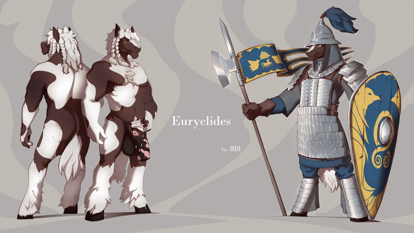 animal_genitalia animal_penis anthro armor banderole braided_hair dual_holding equine_genitalia equine_penis flag flag_(object) genitals hair holding_flag holding_object holding_shield holding_weapon hooves male melee_weapon muscular muscular_anthro muscular_male nude penis polearm shield solo standing weapon okata equid equine horse mammal absurd_res hi_res model_sheet