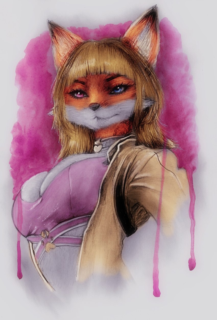 anthro big_breasts breasts buxom cleavage clothed clothed_anthro clothed_female clothing collar crop_top female hair heart_clothing heart_symbol heterochromia jacket jacket_vest looking_at_viewer midriff shirt solo topwear vest louis_wood combat_cat_studio wild_assault akai_hime_(wild_assault) canid canine fox mammal 2024 absurd_res hi_res traditional_media_(artwork) watercolor_(artwork)