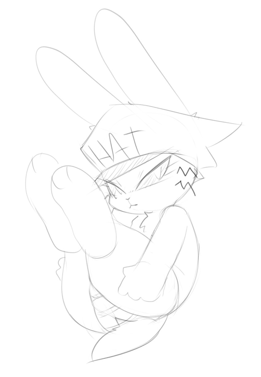 anthro butt clothing feet female foot_focus hand_on_butt hat headgear headwear legs_up looking_at_viewer panties presenting solo text thick_thighs underwear kekitopu meme_clothing jenny_jeungman lagomorph leporid mammal rabbit 2023 absurd_res english_text hi_res meme monochrome sketch