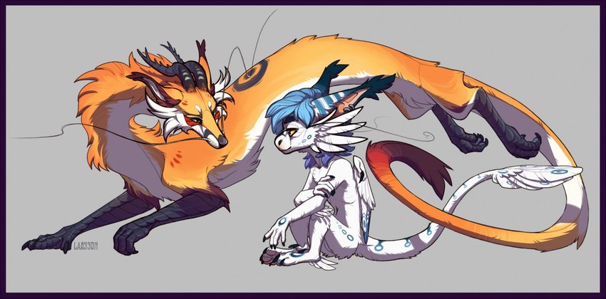 anthro barbel_(anatomy) claws duo feathered_wings feathers feral flesh_whiskers forearms horn long_body pawpads scaled_forearms scales sitting wings kira_larsson mythology dragon eastern_dragon mythological_creature mythological_scalie scalie wingless_dragon