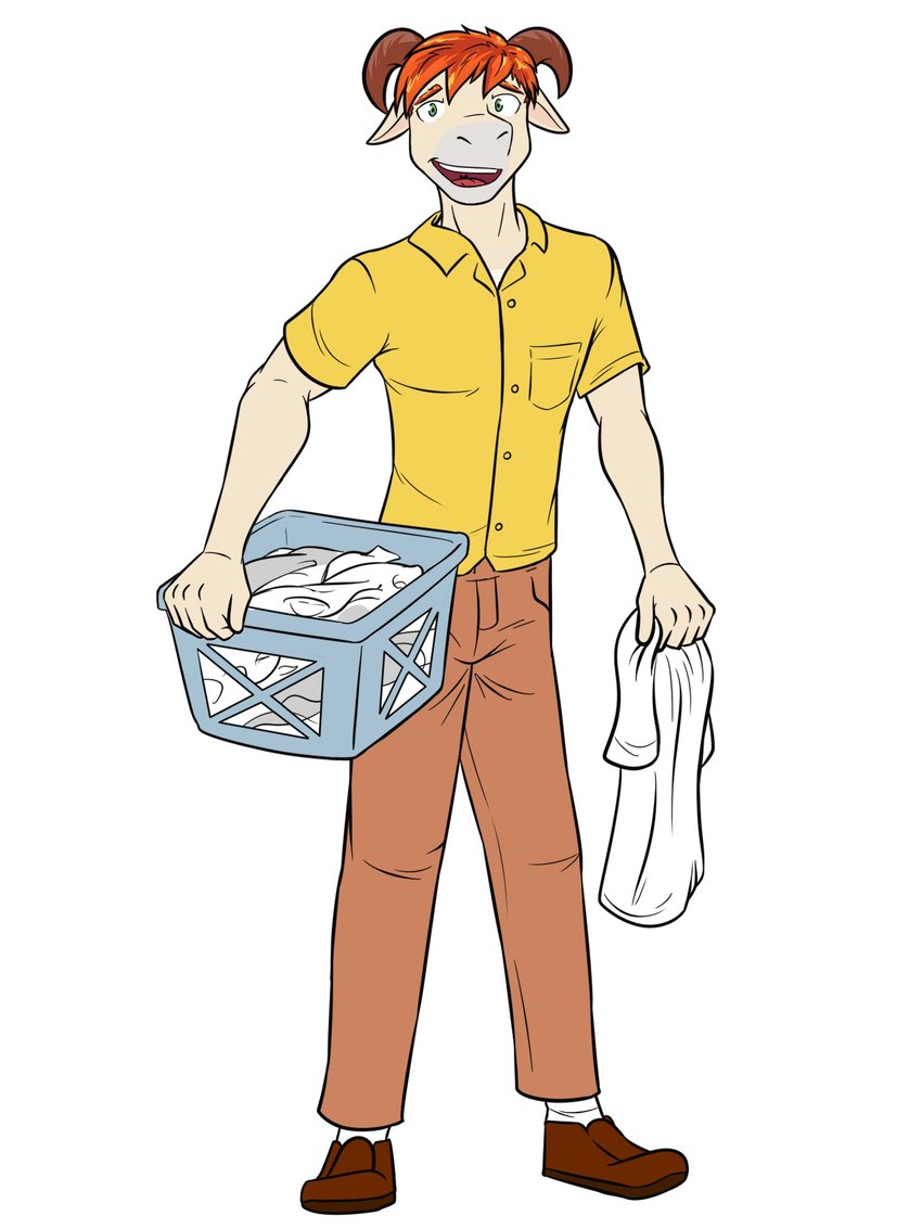 anthro bottomwear clothed clothing crossgender footwear ftm_crossgender fully_clothed holding_clothing holding_object holding_topwear laundry_basket male pants shirt shoes simple_background solo topwear white_background fuze stardew_valley penny_(stardew_valley) bovid bovine cattle mammal 3:4 full-length_portrait hi_res portrait