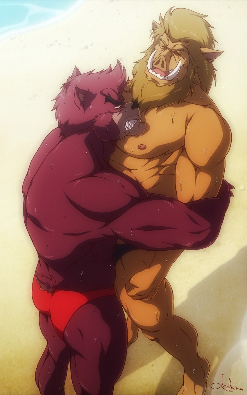 abs anthro beach bear_hug black_clothing black_speedo black_swimwear bodily_fluids brown_body brown_fur butt cheek_tuft clenched_teeth clothing duo eyes_closed facial_tuft fur head_tuft kemono male male/male mane muscular muscular_anthro muscular_male nipples open_mouth outside pecs pink_nipples red_clothing red_speedo red_swimwear sand seaside shadow short_tail speedo sweat swimwear tail tan_body tan_fur teeth three-quarter_view tuft tusks water funeral-paws studio_chizu the_boy_and_the_beast iozen kumatetsu bear mammal suid suina sus_(pig) wild_boar 2020 5:8 hi_res signature