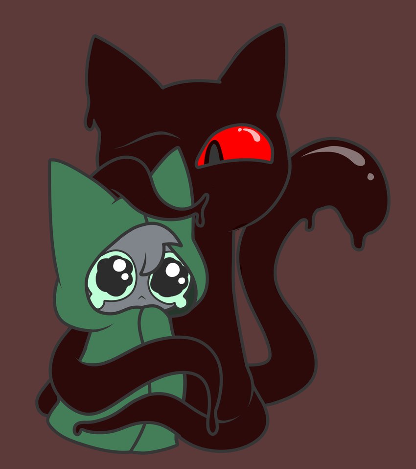 ambiguous_gender black_body bodily_fluids cloak clothed clothing green_cloak green_clothing green_sclera grey_body hug male one_eye_closed red_sclera simple_background solo tail tears tentacles toony gooblie_2 isaac_(gooblie_ii) domestic_cat felid feline felis goo_creature mammal hi_res