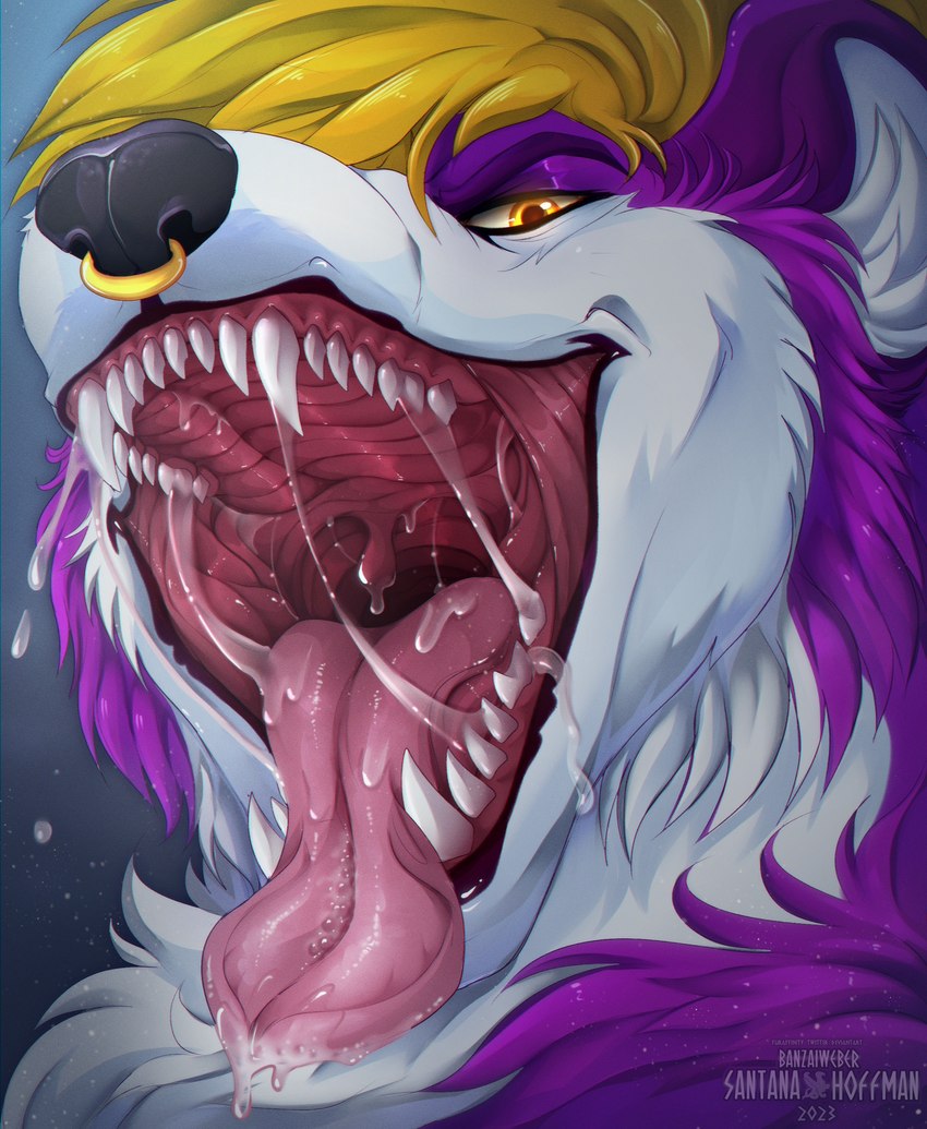 anthro black_nose bodily_fluids facial_piercing fangs fur glistening glistening_eyes looking_at_viewer male mouth_shot narrowed_eyes nose_piercing nose_ring open_mouth orange_eyes piercing purple_body purple_fur red_tongue ring_piercing saliva saliva_on_tongue saliva_string septum_piercing septum_ring sharp_teeth solo teeth tongue uvula white_body white_fur santanahoffman swico hyena mammal 2023 artist_name dated hi_res