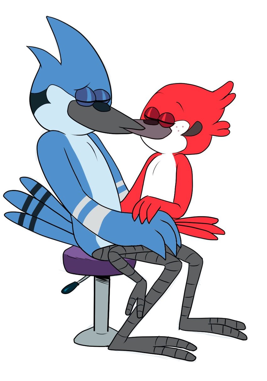 adult_on_young age_difference anthro duo eyes_closed feathers freckles furniture hand_on_leg kissing male male/male on_lap sitting sitting_on_another sitting_on_lap stool tail tail_feathers young igotdragons cartoon_network regular_show darrel_(regular_show) mordecai_(regular_show) avian bird blue_jay cardinal_(bird) corvid jay_(bird) new_world_jay oscine passerine hi_res