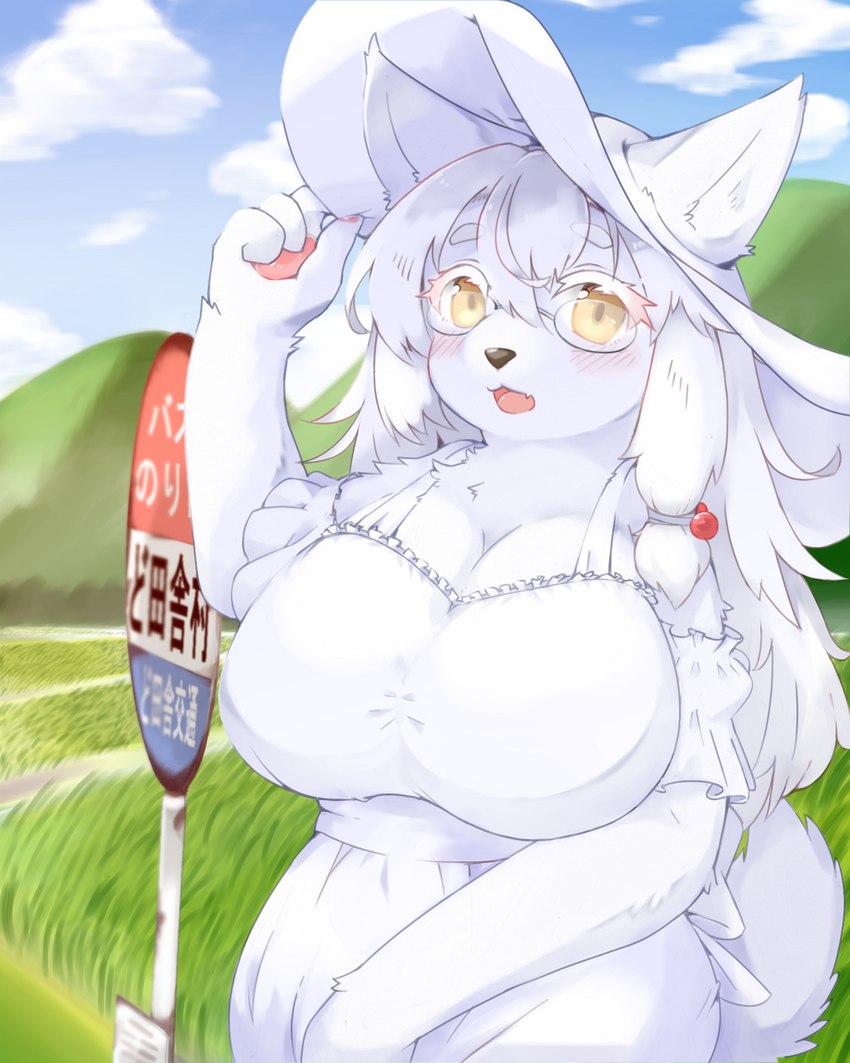 anthro big_breasts black_nose blush breasts clothing cloud cute_fangs day dress fangs female fingerpads fur grass looking_at_viewer open_mouth outside pawpads plant planted_sign sign solo teeth text white_body white_clothing white_dress white_fur yellow_eyes shitsu_kushi-mono canid mammal 2022 4:5 hi_res translation_request