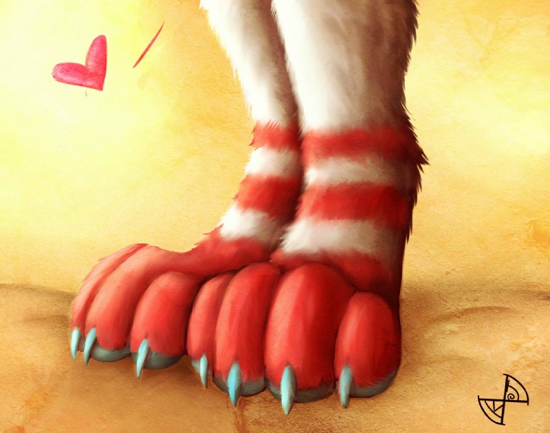 4_toes ambiguous_gender black_pawpads blue_claws claws digitigrade feet foot_shot fur heart_symbol multicolored_body multicolored_fur pawpads paws red_body red_fur solo toe_claws toes two_tone_body two_tone_fur white_body white_fur kaotikjuju rakurim ambiguous_species mammal digital_media_(artwork)