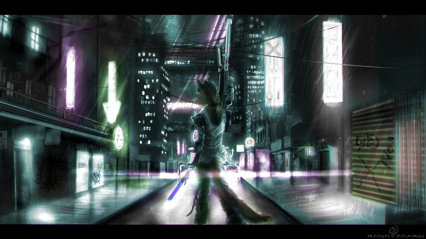 anthro black_bars building car city cyberpunk female future graffiti gun headlights neon propaganda raining ranged_weapon rifle solo standing street vehicle weapon wire raivn_anarki felid feline mammal 16:9 letterbox widescreen