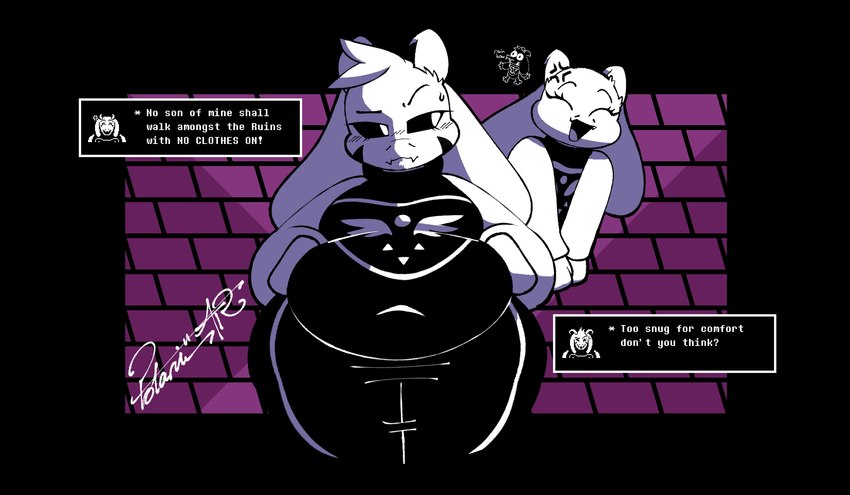 alternate_color anthro belly big_belly clothing duo female huge_belly male morbidly_obese obese overweight text_box thick_thighs tight_clothing polarisatr_(artist) undertale undertale_(series) asriel_dreemurr_(god_form) toriel boss_monster_(undertale) absurd_res alternate_version_at_source hi_res