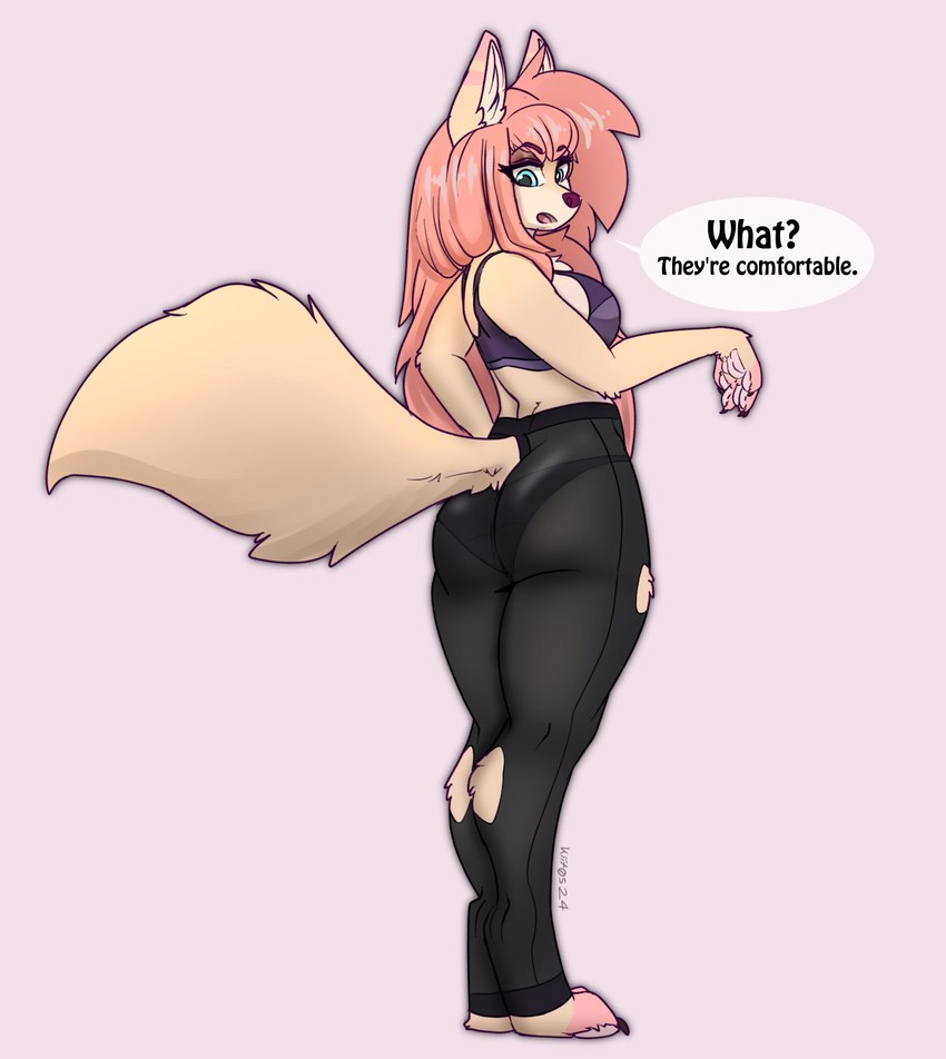 anthro blue_eyes bottomwear bra butt claws clothing dialogue digitigrade female fluffy fluffy_tail hair legwear long_hair looking_at_viewer looking_back looking_back_at_viewer pants pawpads pink_hair pink_pawpads sports_bra tail tights underwear yoga_pants kiit0s aurum_(kiit0s) canid canine canis mammal wolf absurd_res digital_media_(artwork) hi_res