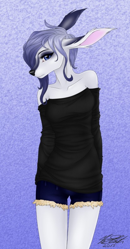 anthro bare_shoulders big_eyes black_pullover blue_eyes blue_hair bottomwear clothing denim denim_bottomwear denim_clothing female fur hair jeans long_ears looking_at_viewer markings pants shirt short_hair simple_background solo sweatshirt topwear white_body white_fur sensetivewhiskers fayelah deer mammal 2015 absurd_res hi_res