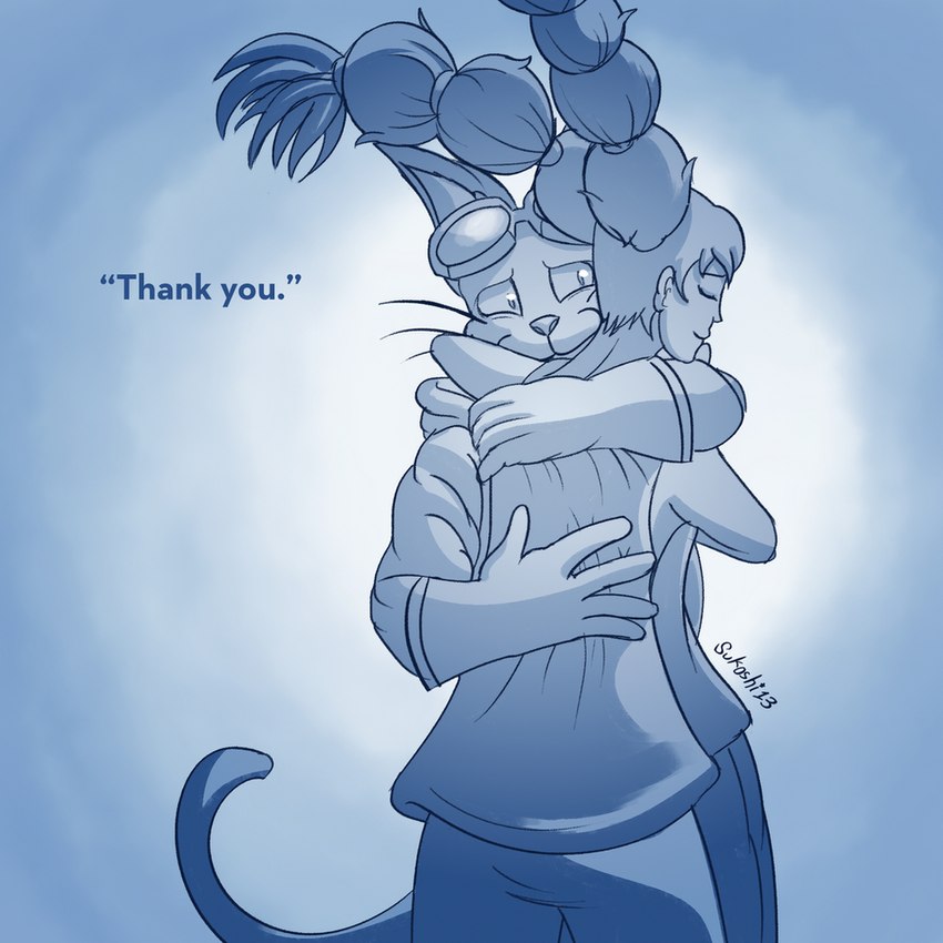 anthro duo female happy hug male thanking sukoshi13 blinx_the_time_sweeper microsoft xbox_game_studios blinx lena domestic_cat felid feline felis human mammal 1:1