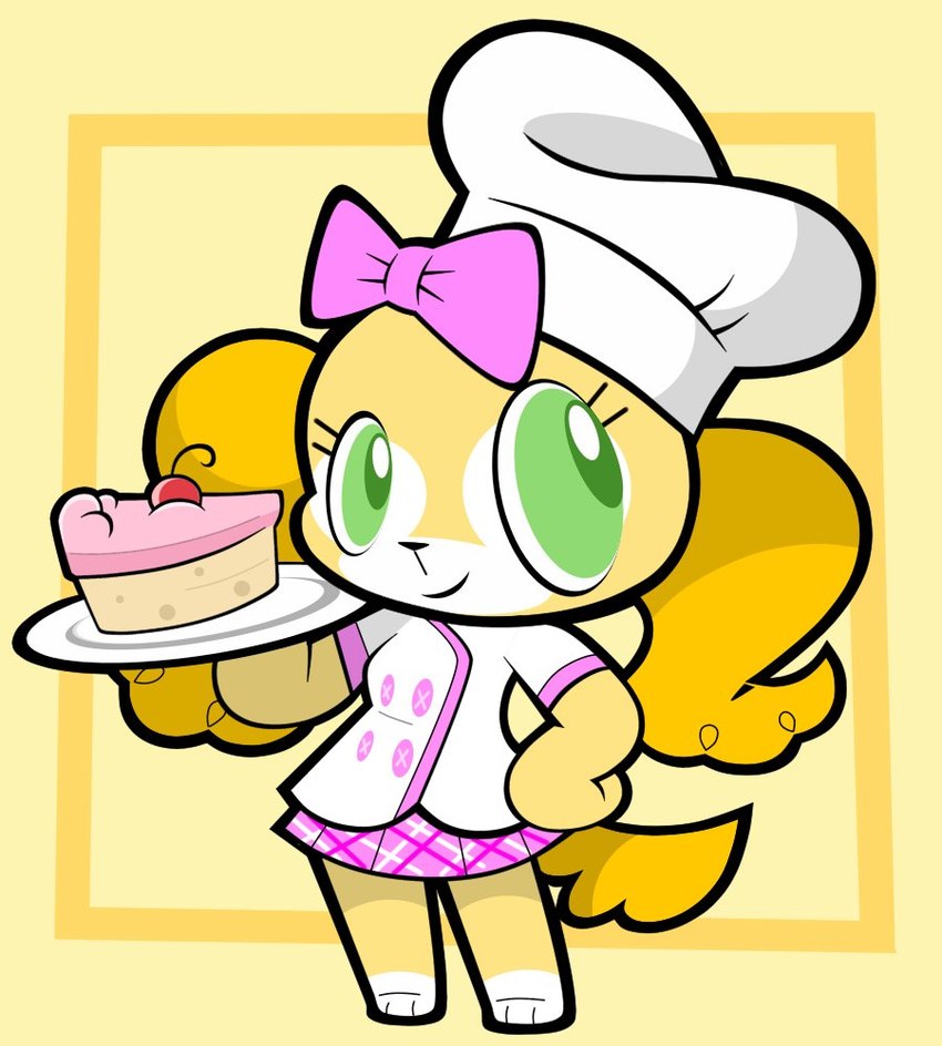 anthro bottomwear breasts cake chef chef_hat chef_uniform clothed clothing dessert female food fur green_eyes hat headgear headwear holding_food holding_object long_ears plate skirt solo yellow_body yellow_fur okojogairu disney duffy_and_friends mythology cookieann canid canine canis domestic_dog mammal mythological_creature mythological_scalie scalie