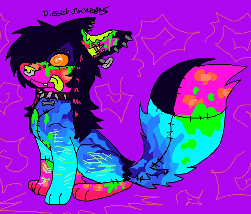 :3 ambiguous_gender animal_print autopsy_scar bone collar coontail_hair countershade_face countershade_fur countershade_tail countershading ear_piercing eyelashes facial_piercing feral feral_with_hair fur hair keychain leopard_print markings nose_piercing piercing scar self-harm_scars sitting solo sparklefur spiked_collar spikes stitch_(sewing) striped_body striped_fur striped_markings striped_tail stripes tail tail_markings tongue tongue_out jackrabbit_(artist) gummy_(jackrabbit) canid canine fox mammal undead zombie 2025 digital_media_(artwork) microsoft_paint_(artwork)