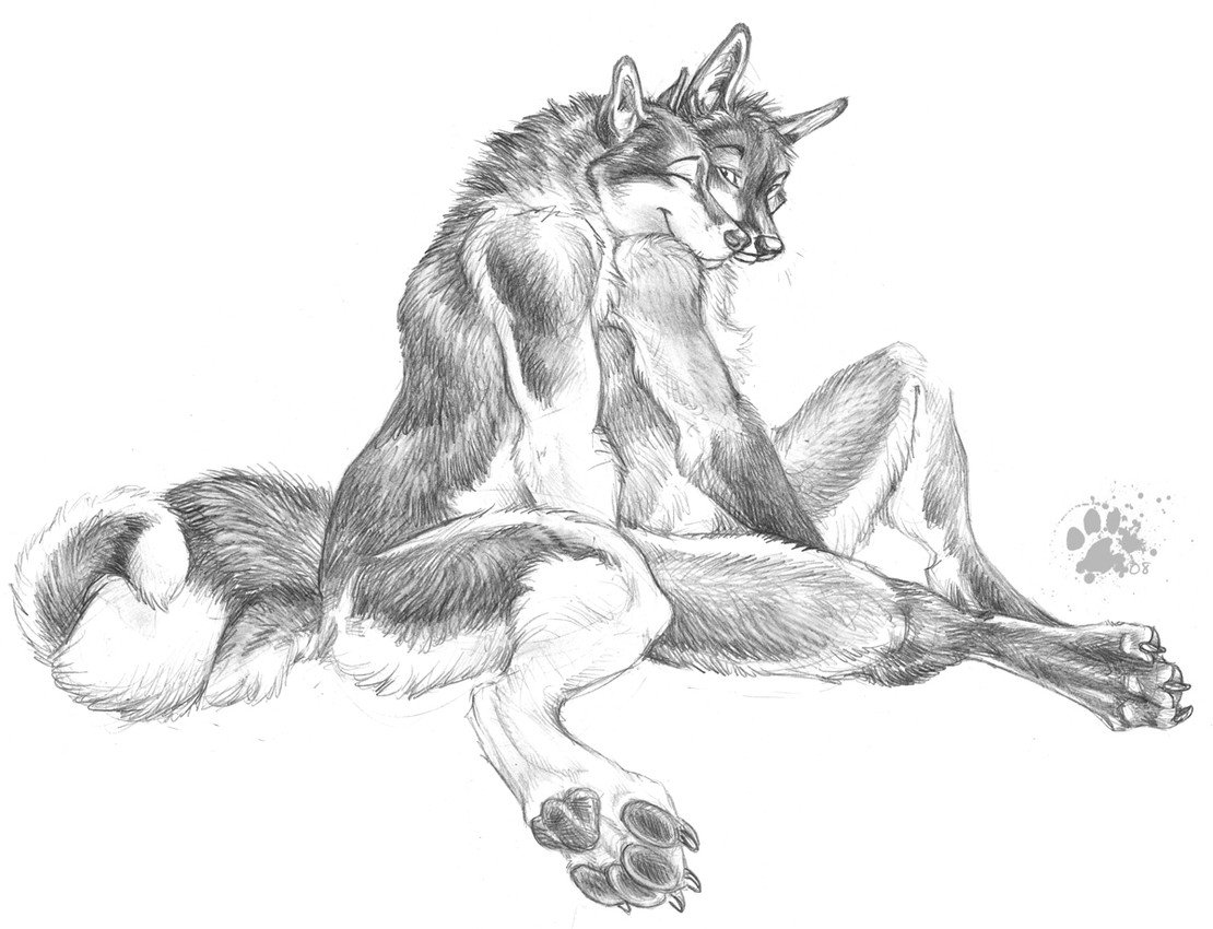 anthro claws dipstick_tail duo entwined_tails eyes_closed fur gloves_(marking) head_on_shoulder leg_markings male male/male markings nude nude_anthro nude_male pawpads paws pointy_ears prick_ears romantic romantic_couple simple_background sitting smile socks_(marking) tail tail_coil tail_markings toe_claws white_background blotch scratches_volume_2 canid canine canis domestic_dog fox husky mammal nordic_sled_dog red_fox spitz true_fox 2008 monochrome traditional_media_(artwork)