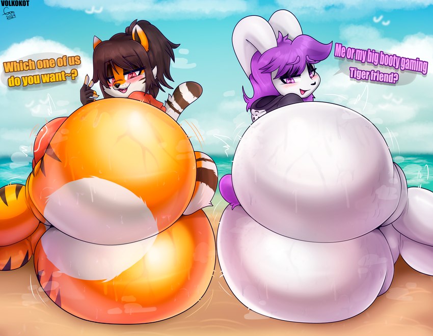 anthro big_butt bodily_fluids butt duo female fingers hair huge_butt markings orange_body outside presenting presenting_hindquarters purple_hair sweat sweaty_butt tail take_your_pick text water white_body volkokot valrie_(valriedoughs) felid lagomorph leporid mammal pantherine rabbit tiger 2024 absurd_res english_text hi_res