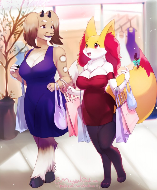 anthro breasts brown_body brown_fur cleavage clothed clothing dipstick_tail dress duo eyebrows female floppy_ears fur fur_markings hooves horn inner_ear_fluff looking_at_another mall mane markings multicolored_tail open_mouth plant plastic_bag purple_eyes red_eyes ribbons stick tail tail_markings tree tuft white_body white_fur yellow_body yellow_fur ondine nintendo pokemon fan_character sally_hazel seraphine_(roflfox) bovid braixen canid canine canis caprine domestic_dog generation_6_pokemon goat hybrid mammal pokemon_(species) 2018 hi_res