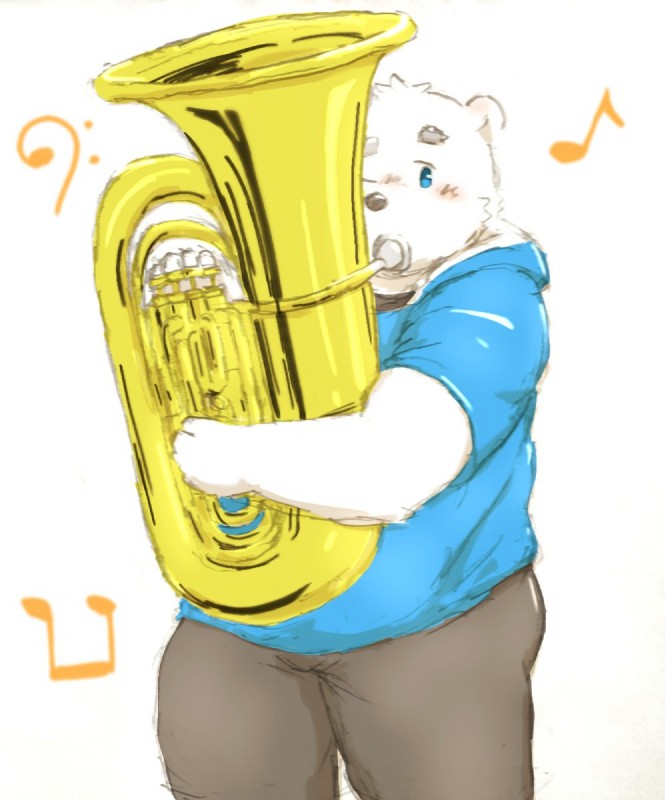 anthro blue_eyes blush bottomwear brass_instrument clothed clothing fur hoodie humanoid_hands male musical_instrument overweight overweight_anthro overweight_male pants playing_music playing_tuba simple_background solo topwear tuba white_background white_body white_fur wind_instrument maron2475 utau shirane_kan bear mammal polar_bear ursine 2018 hi_res