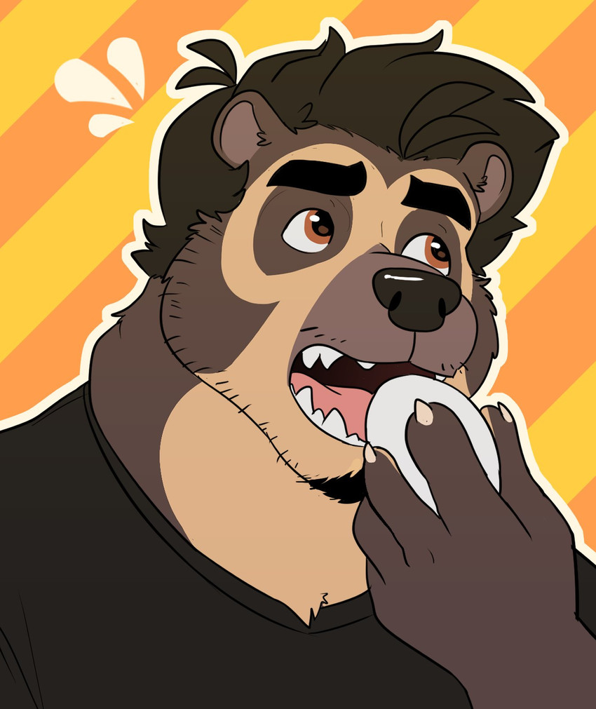 anthro beard biped black_body black_fur black_nose clothed clothing egg facial_hair fur humanoid_hands male solo teeth dinonugget_bird uku bear mammal short-faced_bear spectacled_bear 2020 half-length_portrait hi_res portrait