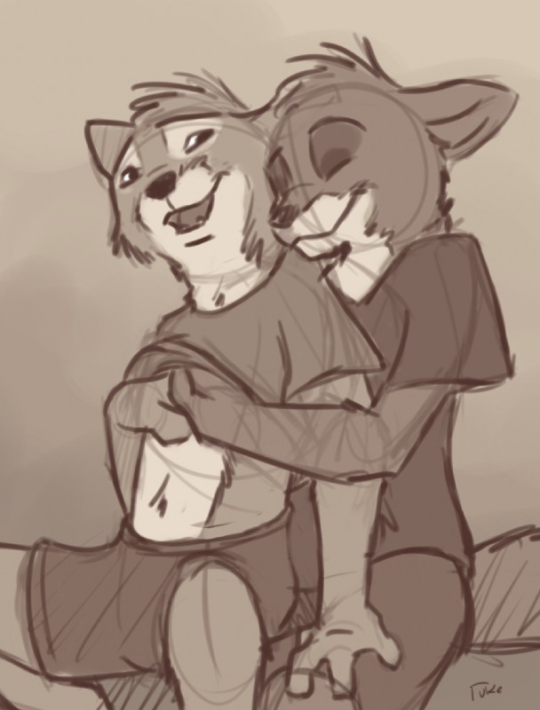 anthro duo eyes_closed hand_up_shirt hug hugging_another hugging_from_behind male male/male simple_background tuke canid canine fox mammal 2016 hi_res