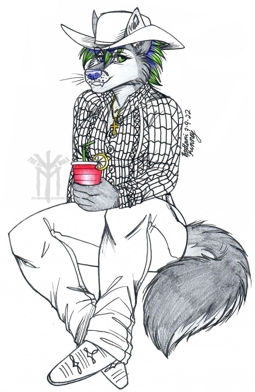 anthro beverage boots clothing cowboy cowboy_hat cross cross_necklace female food footwear fruit hair hat headgear headwear jewelry leather leather_boots leather_clothing leather_footwear lemon lemonade multicolored_hair necklace plant red_solo_cup shoes solo two_tone_hair western thehuntingwolf topazwolf canid canine canis mammal wolf hi_res sketch traditional_media_(artwork)