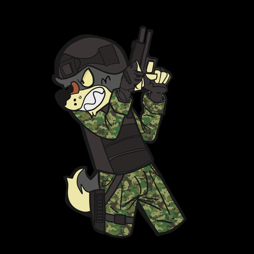 ambiguous_gender angry anthro armor bulletproof_vest clothed clothing fur gloves growling gun handgun handwear headgear helmet holding_gun holding_handgun holding_object holding_pistol holding_ranged_weapon holding_weapon male military_uniform pistol ranged_weapon simple_background solo text uniform weapon lil_doggy_(artist) glock lil_doggy border_collie canid canine canis collie domestic_dog herding_dog mammal pastoral_dog sheepdog 1:1 absurd_res alpha_channel hi_res