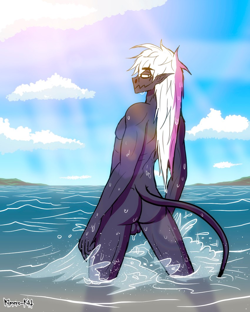 anthro backsack balls butt cloud detailed_background genitals hair humanoid_pointy_ears lens_flare long_hair long_tail looking_at_viewer male not_furry nude pointy_ears sea sky solo summer tail water wet wet_body white_hair kimero_kat frank_fathih demon 4:5 cel_shading hi_res shaded