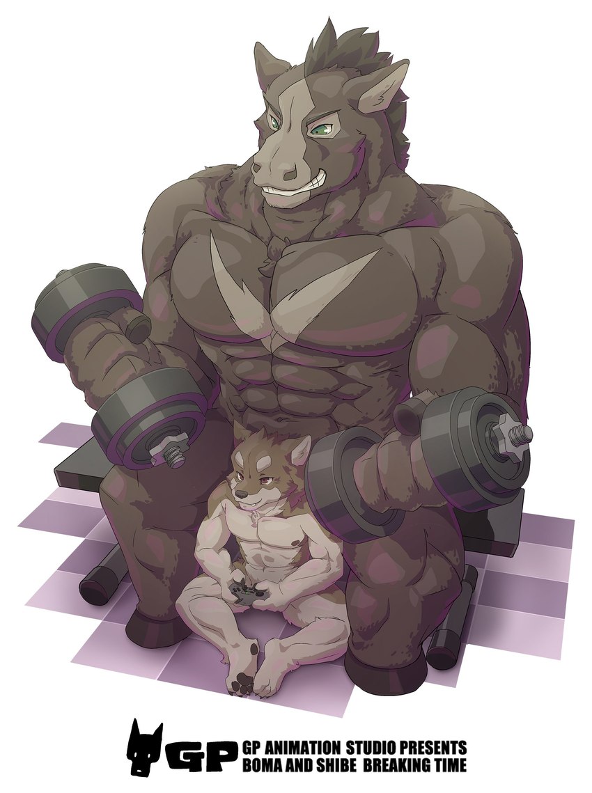 anthro big_biceps big_muscles big_pecs brown_body brown_fur brown_hair brown_hooves brown_nipples controller countershading duo feet fur game_controller gaming green_eyes grin hair high-angle_view hindpaw holding_controller holding_dumbbell holding_game_controller holding_object hooves kemono larger_anthro larger_male male markings muscular muscular_male nipples nude_anthro nude_male paws pecs playing_video_game red_eyes sitting size_difference smaller_anthro smaller_male smile tan_body tan_countershading tan_face tan_fur tan_markings teeth text v_marking geppei5959 boma_(geppei5959) shibe_(geppei5959) canid canine canis domestic_dog equid equine horse mammal shiba_inu spitz 2024 absurd_res digital_drawing_(artwork) digital_media_(artwork) english_text full-length_portrait hi_res portrait shaded