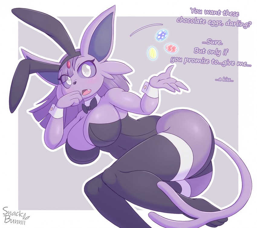 anthro anthrofied biped breasts bunny_costume butt cleavage clothed clothing costume dialogue female fur looking_at_viewer pokemorph purple_body purple_fur solo tail white_eyes snackbunnii nintendo pokemon eeveelution espeon generation_2_pokemon pokemon_(species) hi_res