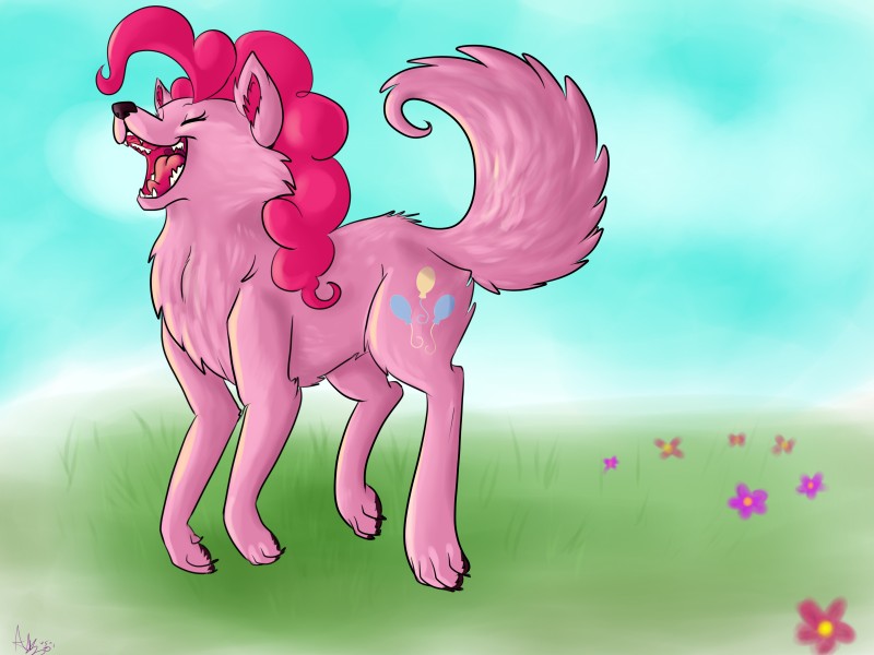 cloud cutie_mark eyes_closed female feral flower fur grass hair happy jumping outside pink_body pink_fur pink_hair plant sky solo pon3splash friendship_is_magic hasbro my_little_pony pinkie_pie_(mlp) canid canine canis earth_pony equid equine horse mammal pony wolf 2014 4:3 hi_res