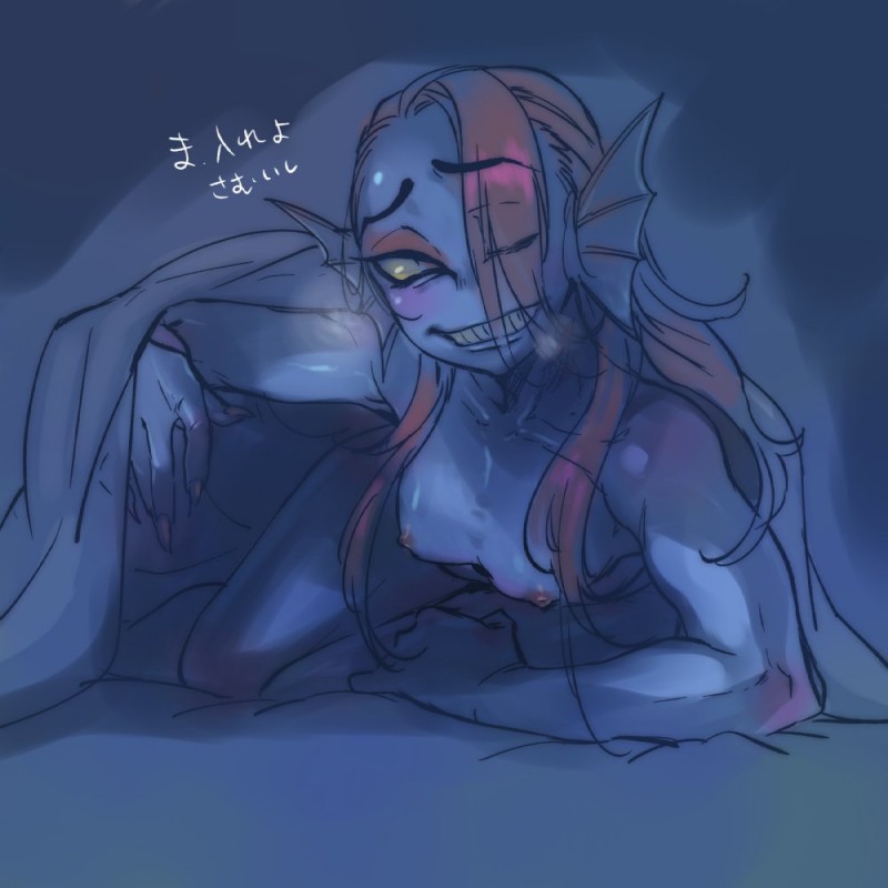 anthro bed blue_body blue_skin breasts eyes_closed female furniture hair inviting inviting_under_covers lifting_covers looking_at_viewer lying nipples non-mammal_breasts non-mammal_nipples on_bed red_hair small_breasts smile solo text under_covers yellow_eyes nam undertale undertale_(series) undyne fish marine 1:1 japanese_text translated