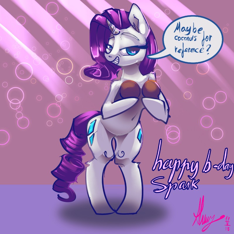 anthro blue_eyes coconut covering covering_self cutie_mark drupe_(fruit) female feral food fruit hair horn plant purple_hair solo speech_bubble text alumx friendship_is_magic hasbro my_little_pony mythology rarity_(mlp) equid equine mammal mythological_creature mythological_equine unicorn 1:1 2015 english_text hi_res