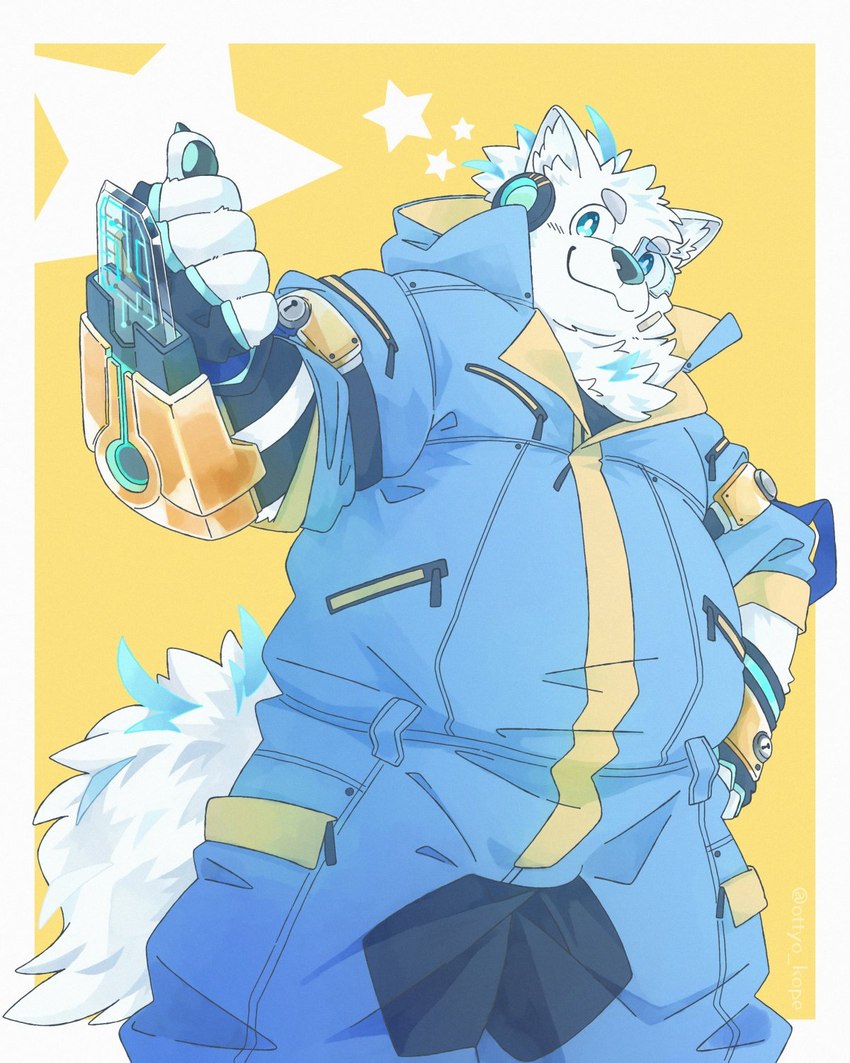 anthro belly big_belly black_nose clothed clothing humanoid_hands kemono male overweight overweight_male simple_background solo white_body ottyo_kope lifewonders live_a_hero yohack canid canine canis domestic_dog mammal 2023 4:5 hi_res