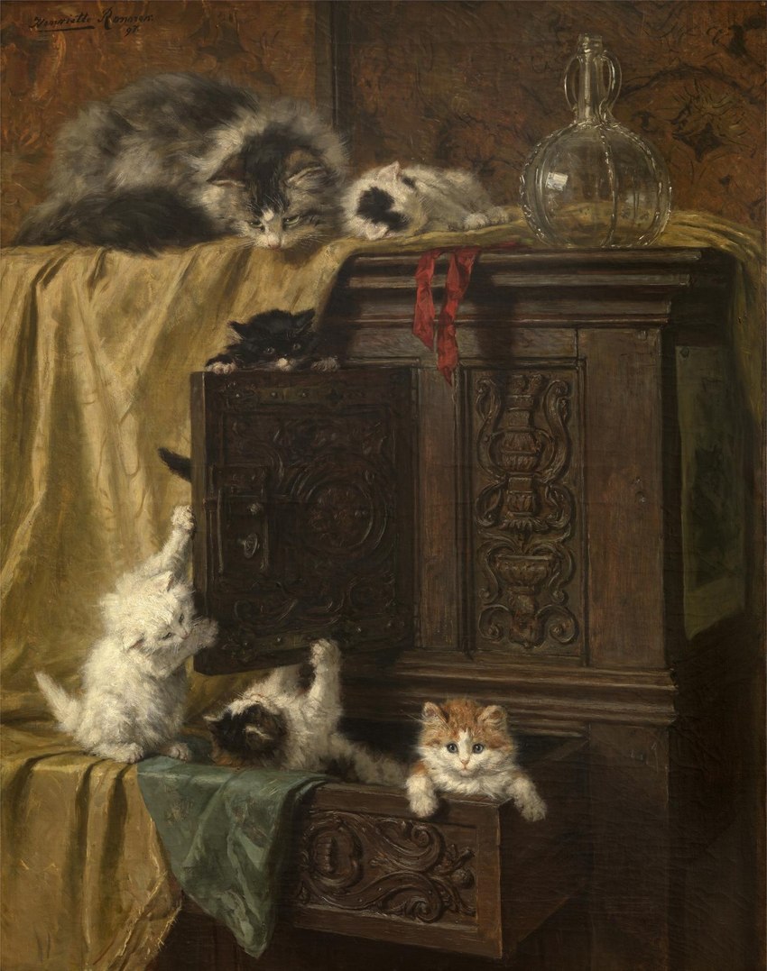 ambiguous_gender black_body black_fur bottle container detailed_background feral fur grey_body grey_fur group looking_down no_sclera nude playful quadruped white_body white_fur young young_feral henriette_ronner-knip public_domain domestic_cat felid feline felis mammal 1897 19th_century ancient_art formal_art hi_res oil_painting_(artwork) painting_(artwork) signature traditional_media_(artwork)