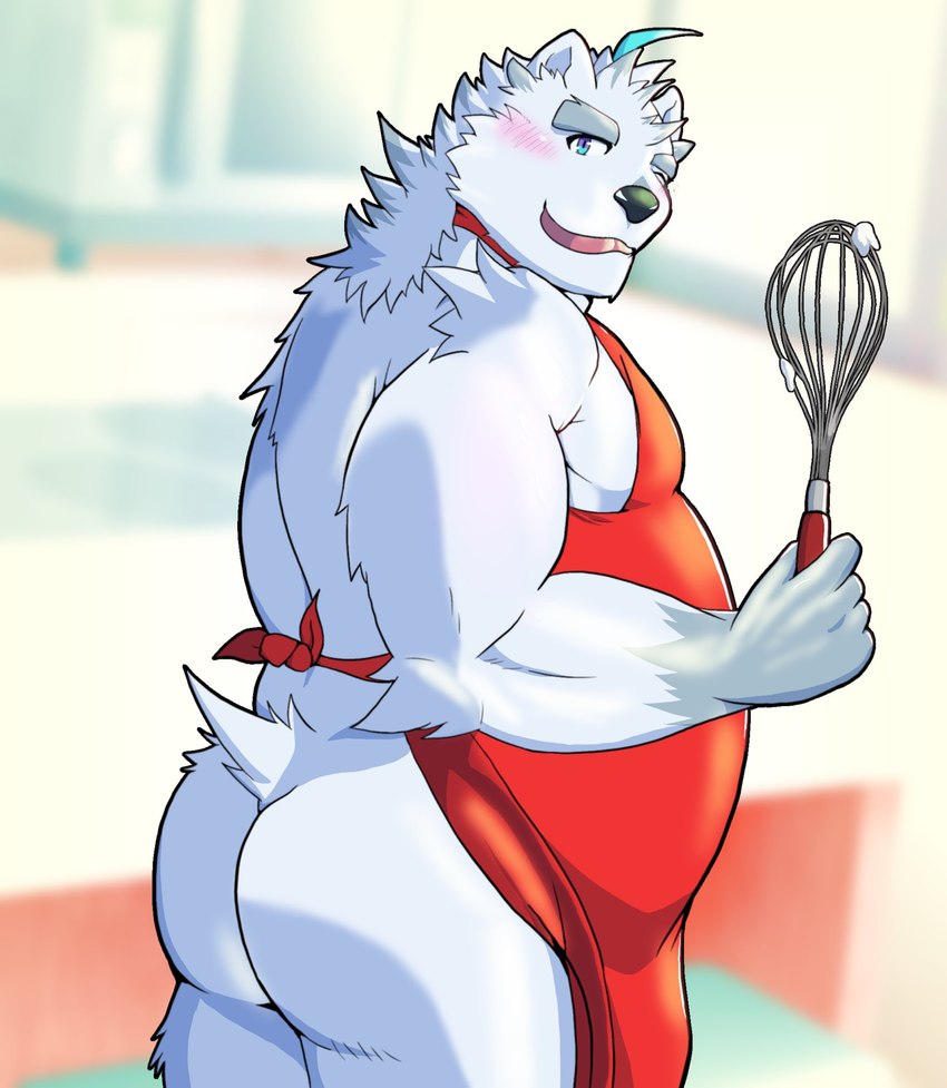 anthro apron black_nose blush butt clothing humanoid_hands kemono kitchen_utensils male overweight overweight_male solo tools whisk yom_mido_plus knights_college paul_pfitzner bear mammal polar_bear ursine 2022 hi_res