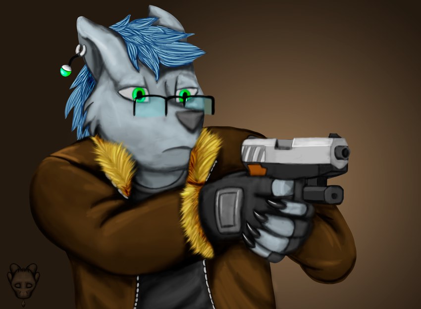 action_pose anthro claws earpiece eyewear glasses gun handgun male pistol pose ranged_weapon solo weapon theslimedragon capcom resident_evil canid canine canis mammal wolf hi_res