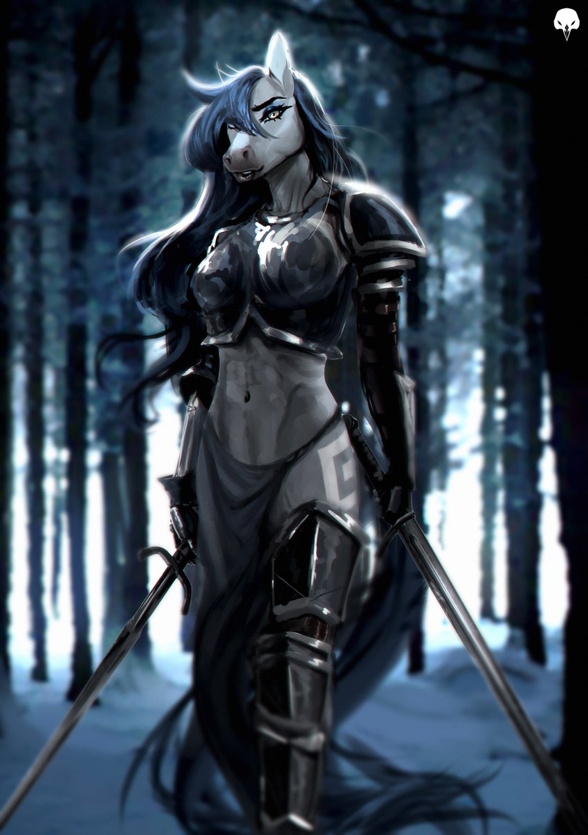 anthro armor blurred_background boob_armor breastplate breasts clothed clothing cuirass cuisse detailed_background dual_wielding female forest greaves holding_object holding_weapon looking_at_viewer medium_breasts melee_weapon midriff pauldron plant snow solo spaulder sword tree vambrace warrior weapon winter akrodraws aether_(aetherflame1397) equid equine horse mammal absurd_res hi_res