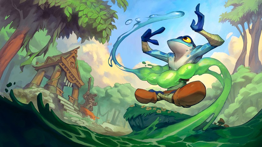 anthro clothing cloud day detailed_background grass male plant solo tree water garrett_hanna rivals_of_aether ranno amphibian frog hi_res official_art