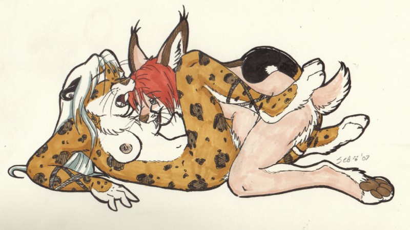 anthro anthro_on_anthro arm_support backward_arm_support bent_arm bent_legs bent_over breast_play breasts duo ear_tuft eyes_closed female female/female fingering fur green_eyes hair humanoid_pointy_ears inner_ear_fluff kneeling looking_pleasured lying markings navel nipples nude nuzzling on_back open_mouth pawpads pointy_ears raised_leg raised_tail red_hair round_ears sex simple_background spots spotted_body spotted_fur suckling tail tail_on_back translucent translucent_hair tuft vaginal vaginal_fingering whiskers white_background white_hair seasenshi emilee sheela_(darkrisika) caracal caracal_(genus) felid feline jaguar lynx mammal pantherine 2007 traditional_media_(artwork)