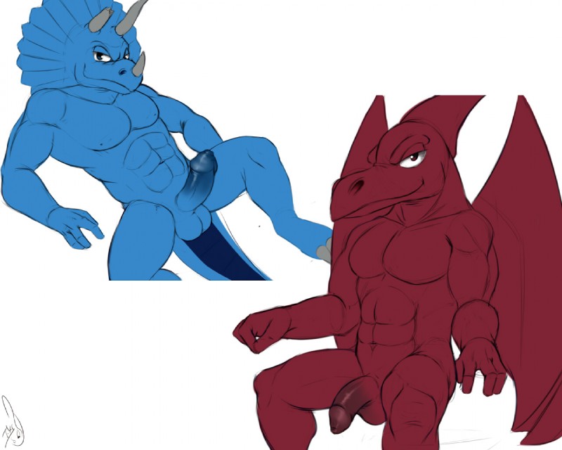 abs anthro balls biceps big_muscles blue_body blue_eyes blue_scales claws duo erection foreskin genitals half-erect horn humanoid_genitalia humanoid_penis long_foreskin looking_at_viewer male membrane_(anatomy) membranous_wings muscular naughty_face nipples non-mammal_balls non-mammal_nipples nude pecs penis reclining red_body red_eyes red_scales scales simple_background sitting smile toe_claws white_background wings seyrmo extreme_dinosaurs bullzeye spike_(extreme_dinosaurs) ceratopsian dinosaur ornithischian prehistoric_species pteranodon pteranodontid pterosaur reptile scalie triceratops 5:4 multiple_images signature sketch_page