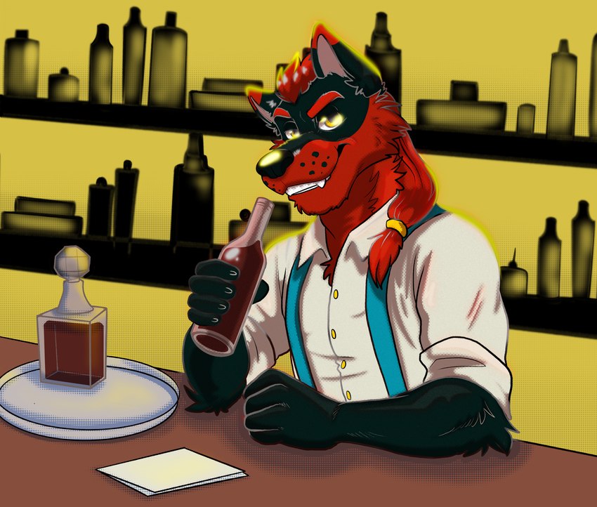 alcohol bartender beverage black_body black_fur fur liquor male red_body red_fur toony jackaloo nicohhusky wolf. 2024 absurd_res digital_media_(artwork) hi_res